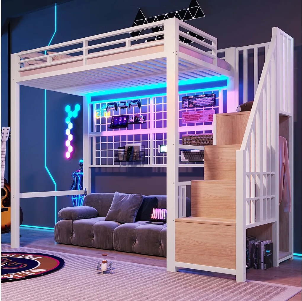 Łóżko antresolowe z ramą żeliwną - 90 x 200 cm - z szafą + drabinką + diodami LED - metal + płyta MDF - białe