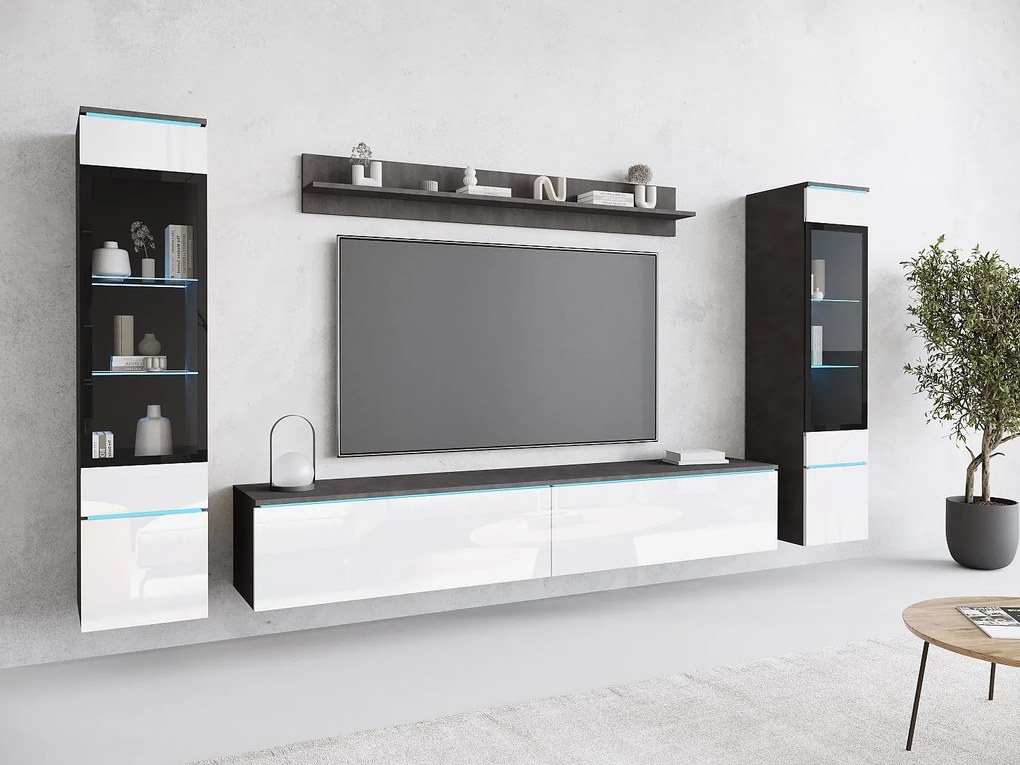 Nowoczesny zestaw mebli do salonu 4 elementy, szafka RTV 180 cm, 2 witryny i półka, korpus matera mat, fronty biały połysk, stojąca lub wisząca