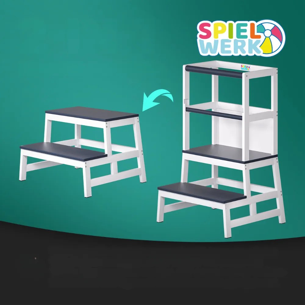 Wieża edukacyjna PLAY z drewna sosnowego, 93x51x50cm, biała/antracyt Spielwerk