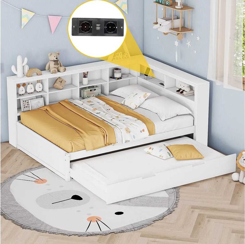 Łóżko dla dorosłych 140 x 200 cm – z portem USB i otwartą przestrzenią do przechowywania – białe – materac nie jest wliczony w cenę