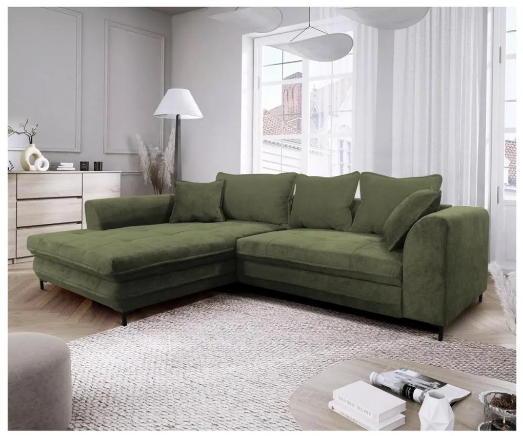 Rozkładana narożna sofa w kształcie L z pojemnikiem na pościel LAGOA lewa zielona