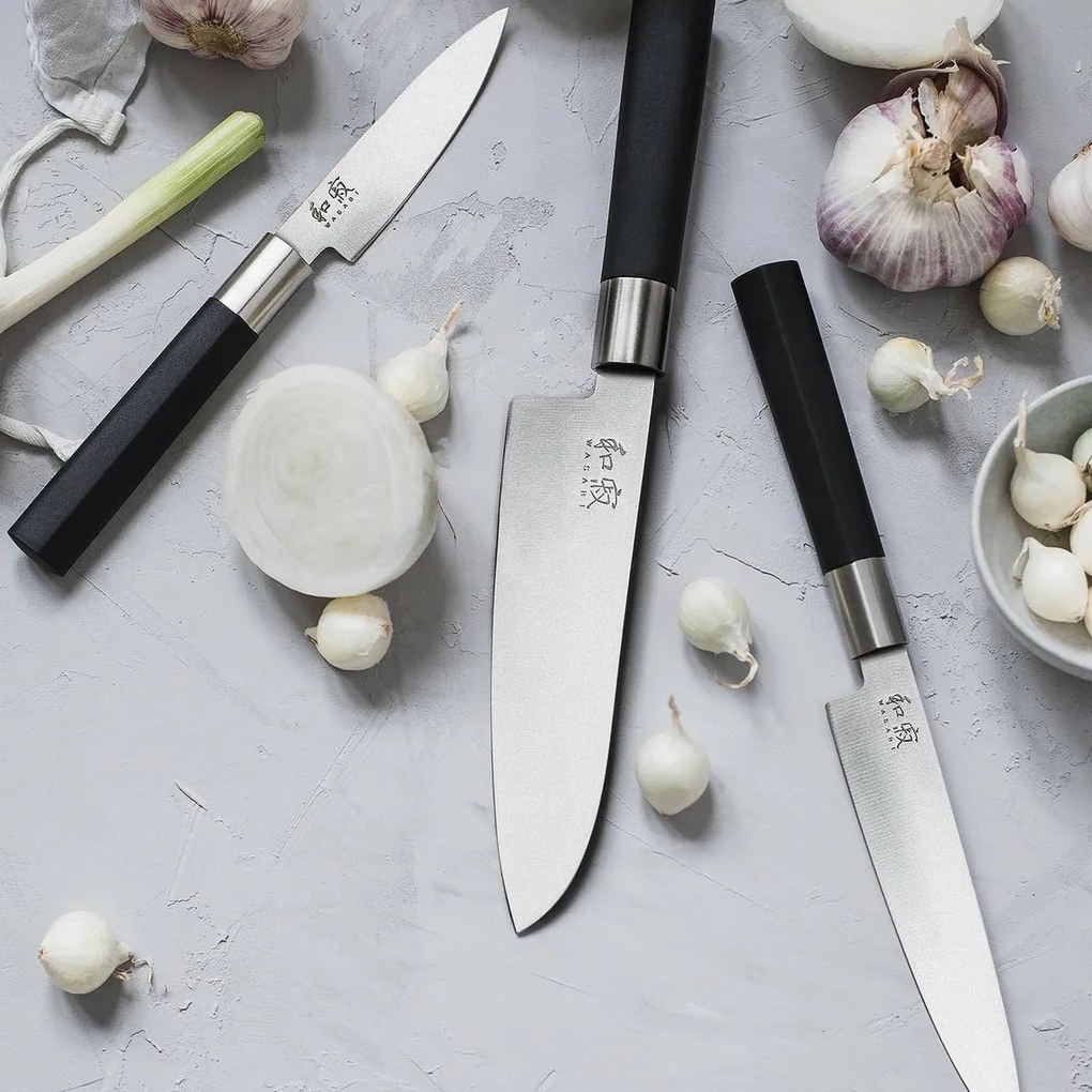 Kai Zestaw 3 noży Wasabi Black – uniwersalny mały, uniwersalny duży i santoku
