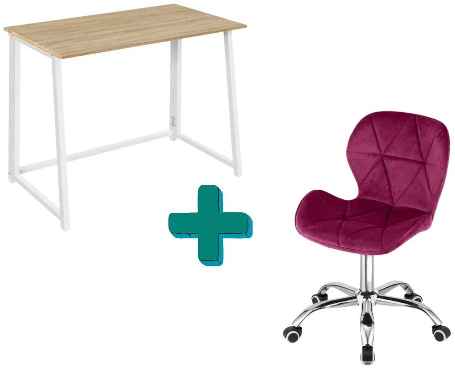Zestaw do biura – składany stół ZARIMO 80×40 cm biały + krzesło biurowe AVOLA VELVET bordowe