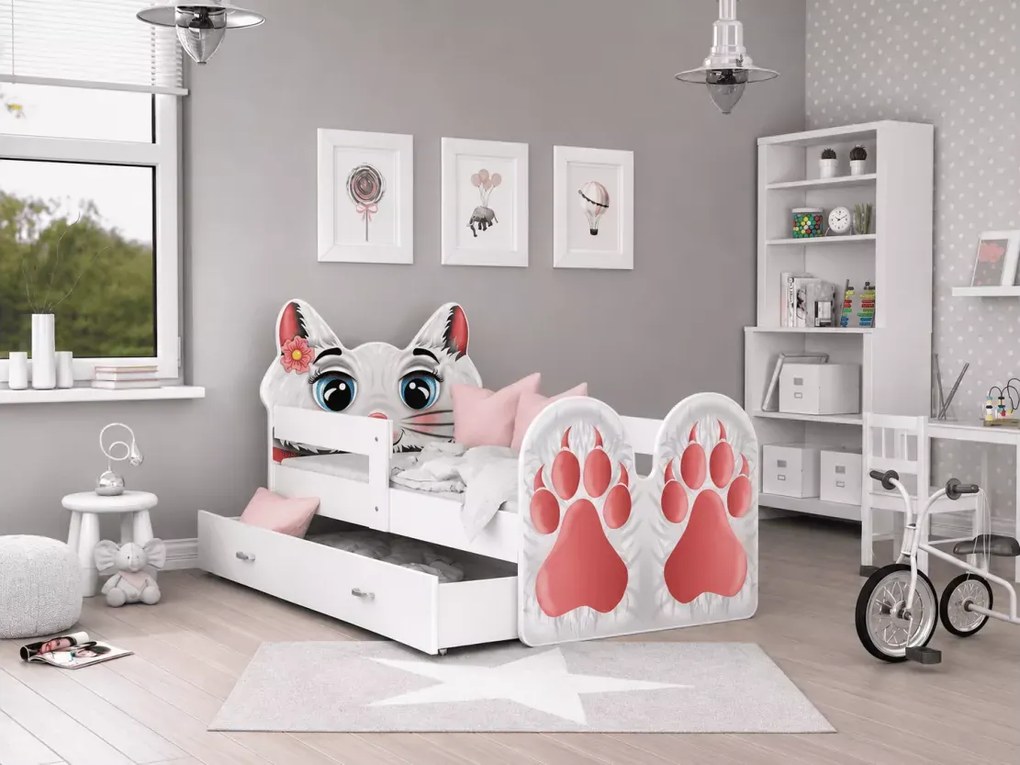 Łóżko dziecięce Mruczek z szufladą 80x140/160/180 barierka kotek MDF + stelaż Flex