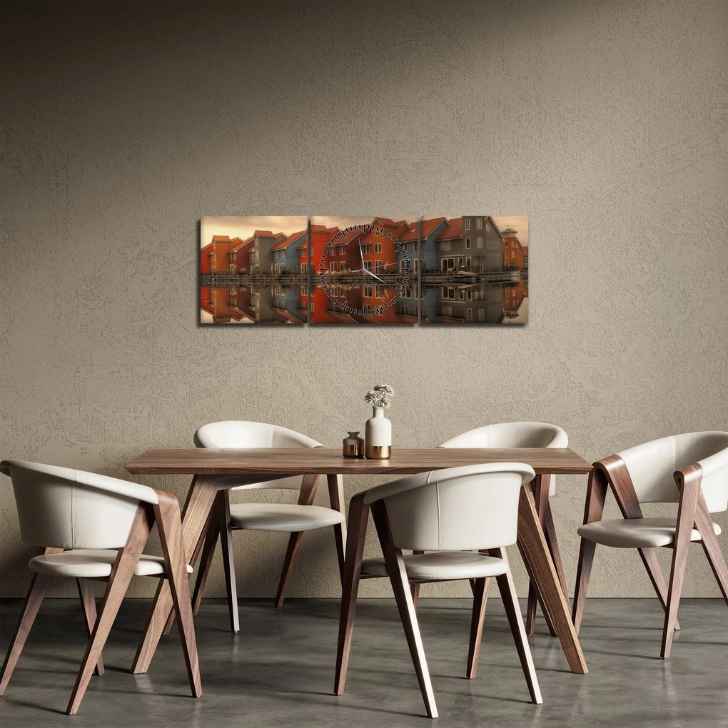 Obraz kolorowych domów (z zegarem) (90x30 cm)