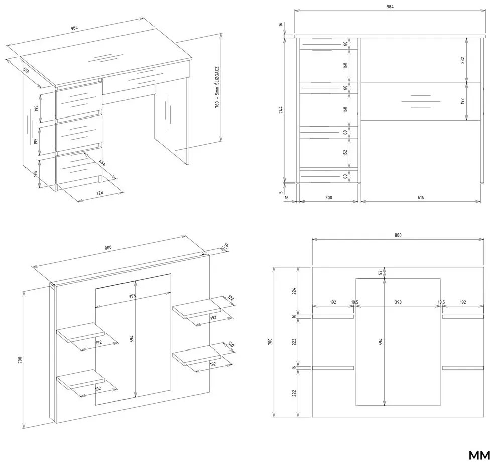 Biała lewostronna toaletka z lustrem i regałem W2-W57