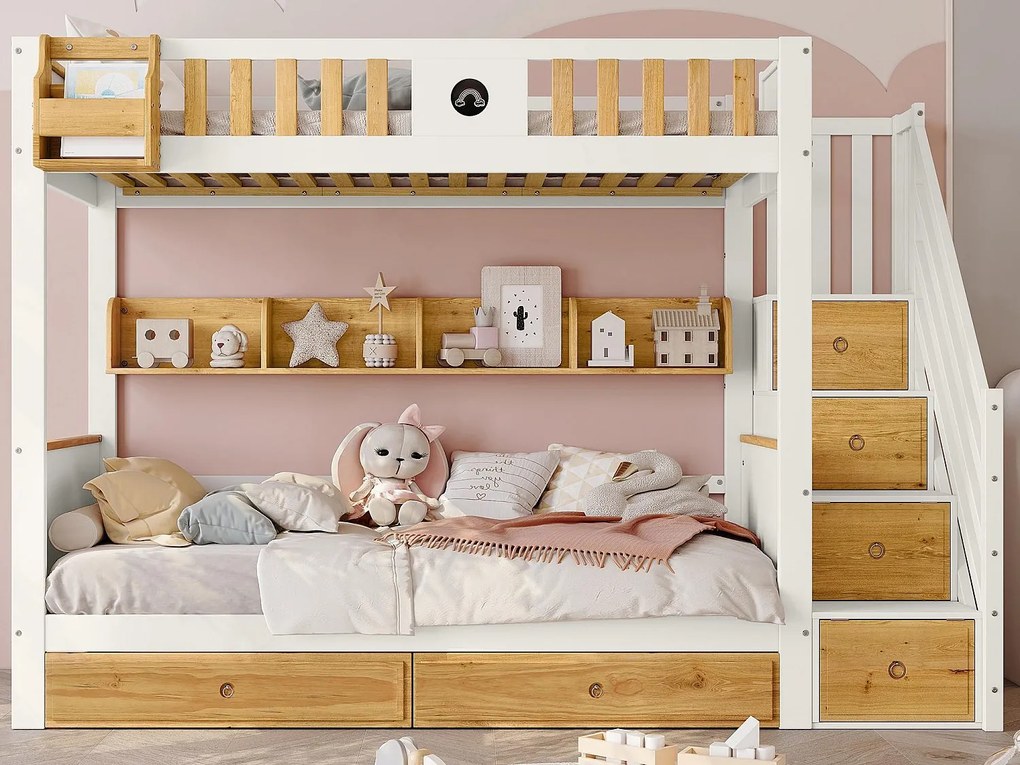 Łóżko piętrowe z schodami do przechowywania - 90x200cm - 4 schowki w schodach i 2 szuflady pod łóżkiem - z stelażem na listwy - Białe