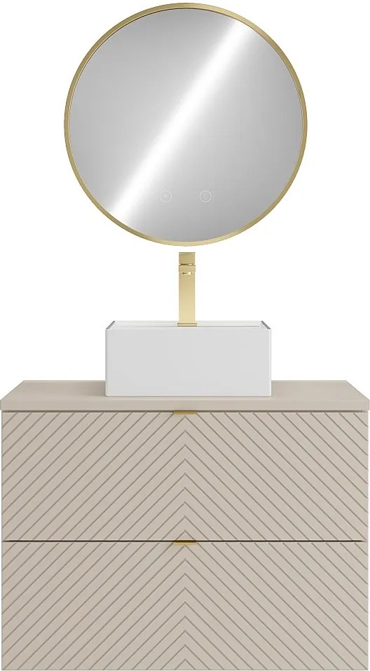 Szafka łazienkowa wisząca z kwadratową umywalką nablatową, baterią i lustrem – beż – 80 cm – DORIONI