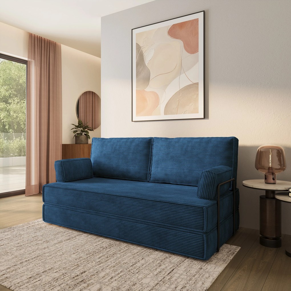 Masseno Sofa piankowa SILAR z funkcją spania, Kanapa z pianki do salonu, Bezmontażowa, Tkanina sztruksowa – Niebieski POSO 05