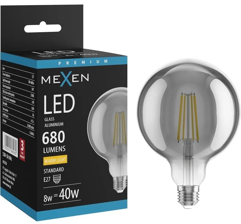 Mexen Vintis żarówka filament LED E27, G125, 8W, Ciepła - 2700K, 680 lm, smoke - L158-E27-0827-70