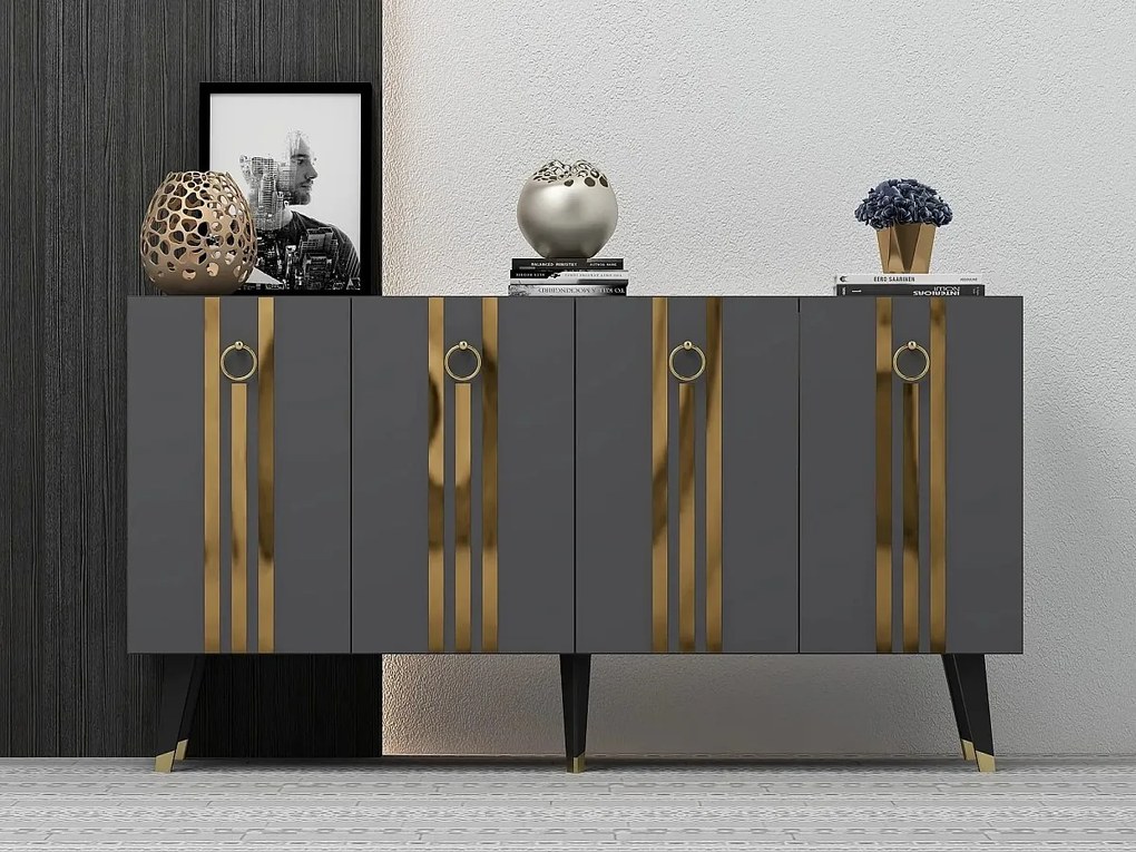 Komoda – 150 cm x 80 cm x 40 cm – Antracyt i złoto – Płyta wiórowa pokryta melaminą