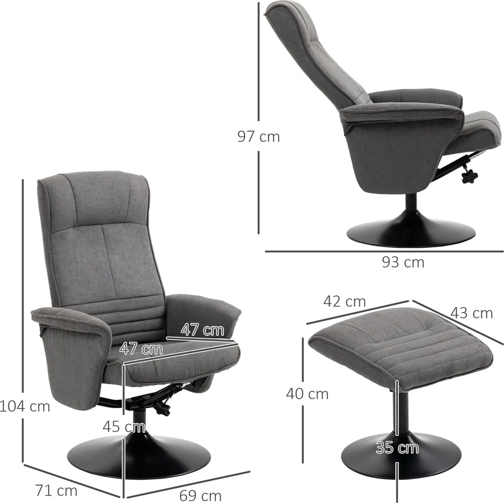 HOMCOM fotel z podnóżkiem regulowane oparcie pianka ciemnoszary