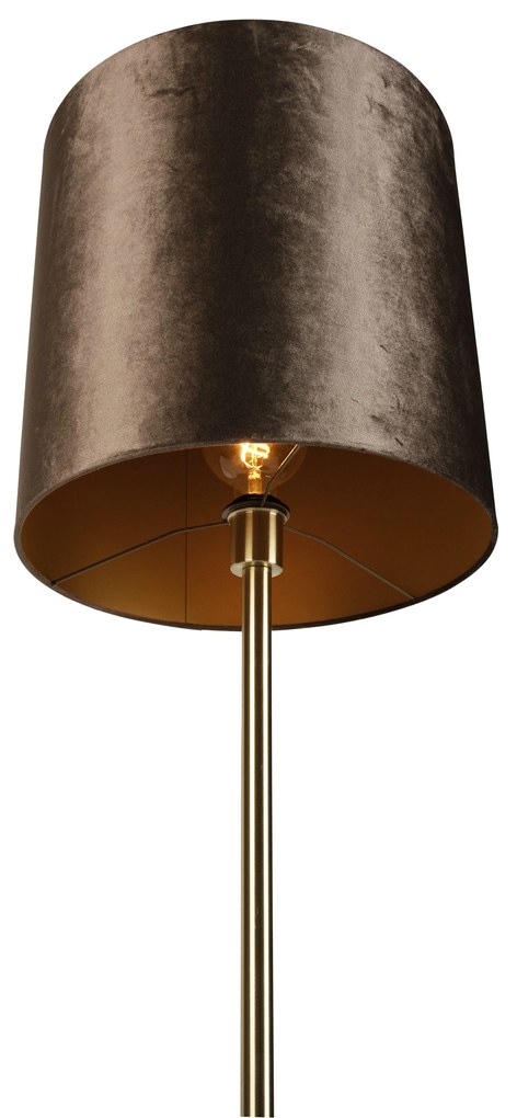 Lampa podłogowa mosiężna z welurowym abażurem brązowym 40cm - Simplo klasyczny/Antyczny Oswietlenie wewnetrzne