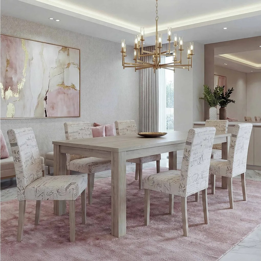 Krzesło do jadalni Littau Schrift (zestaw 6 sztuk),  materiał z napisem, kremowe, nogi z drewna dębowego