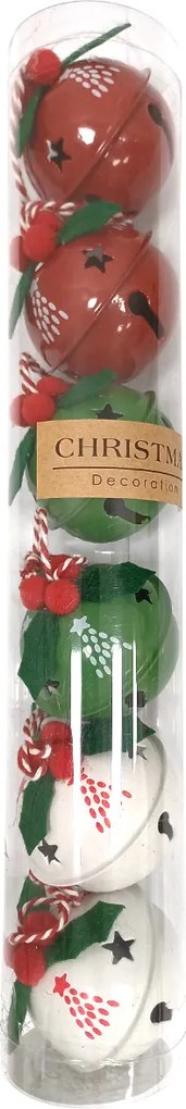 Zestaw 6 szt. świątecznych dzwoneczków Comets, śr. 5 cm, czerwony-zielony-biały, metal, 4HOME