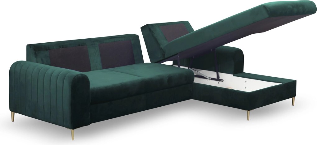 Masseno Narożnik VERONA z funkcją spania i pojemnikiem na pościel, Rozkładana sofa - Zielony, VELLUTO JUNGLE GREEN 27