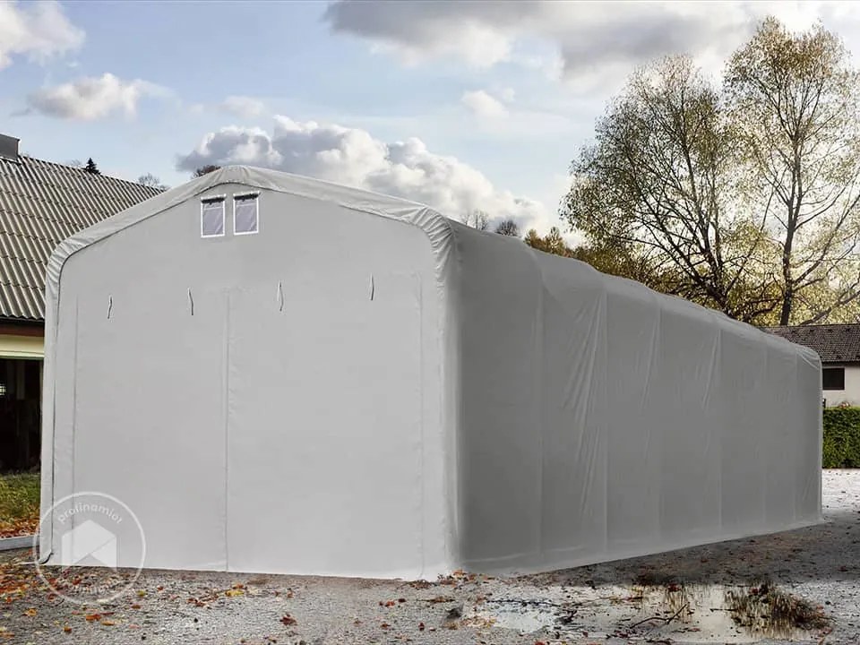 TOOLPORT 5x16m Namiot garażowy - 2,6 m wysokość ścian bocznych z 4,1x2,5m brama, PVC 850, szary, ze statyką (podłoże gruntowe) - (99530)