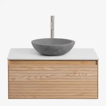 Zestaw Wiszących Mebli Łazienkowych Z Drewna Jesionowego Tedrik Popielaty Brąz & Okrągły Szary Cement Ø40 - Sklum
