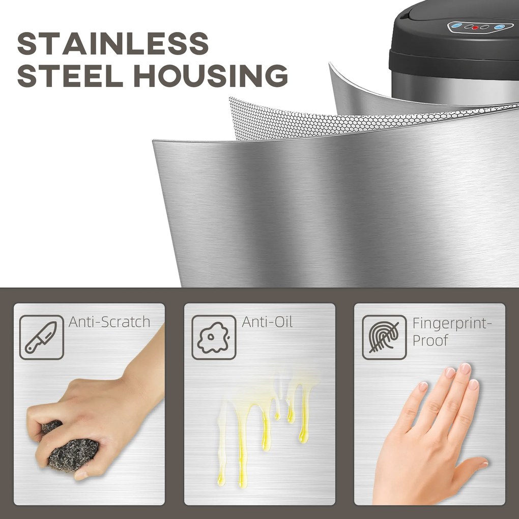 HOMCOM 42 L Kosz na śmieci z sensorem i funkcją Soft-Close, bezdotykowy kosz ze stali nierdzewnej do higienicznej kuchni