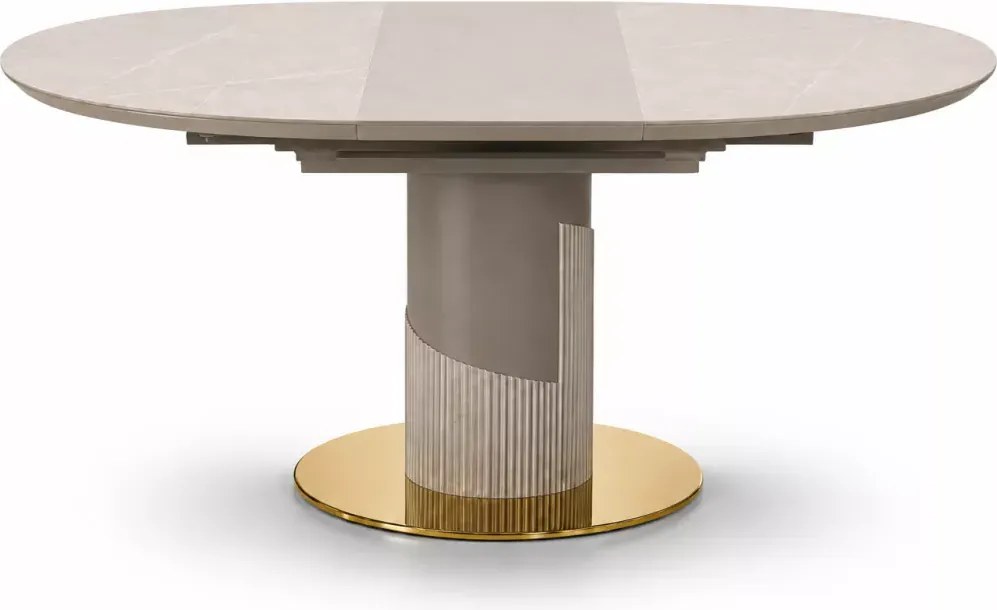 Rozkładany stół okrągły Muskat 120-160 cm z ceramicznym szarym blatem na jednej nodze MDF, złota podstawa do jadalni