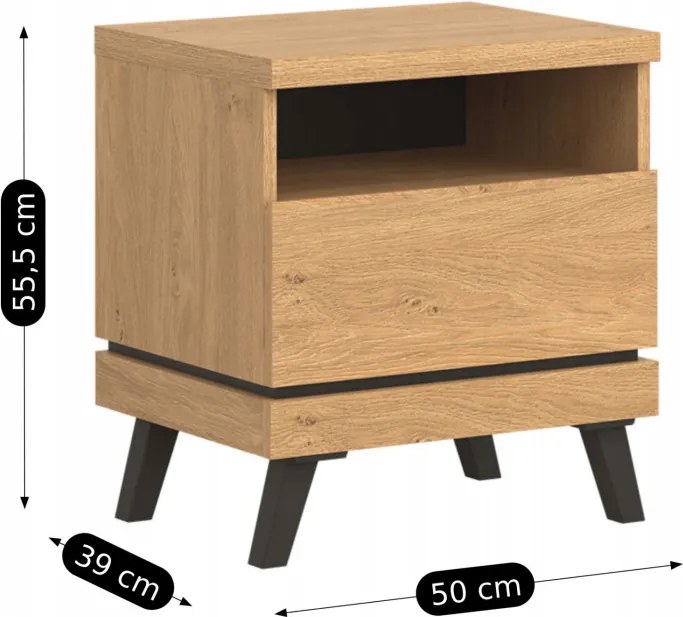 Szafka Nocna z Szufladą do Sypialni CANTE 52 cm Dąb kamienny / czarny Loft