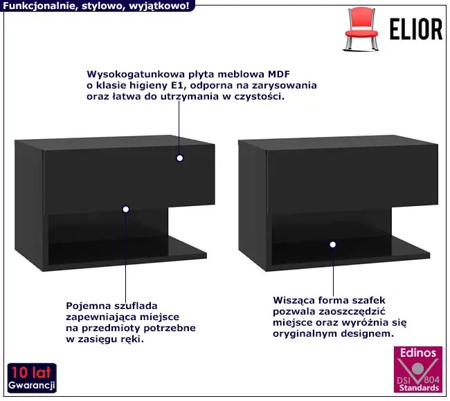 Komplet Czarnych Wiszących Szafek Nocnych Ragusa 3X