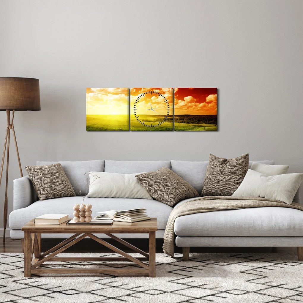 Obraz łąki ze świecącym słońcem (z zegarem) (90x30 cm)