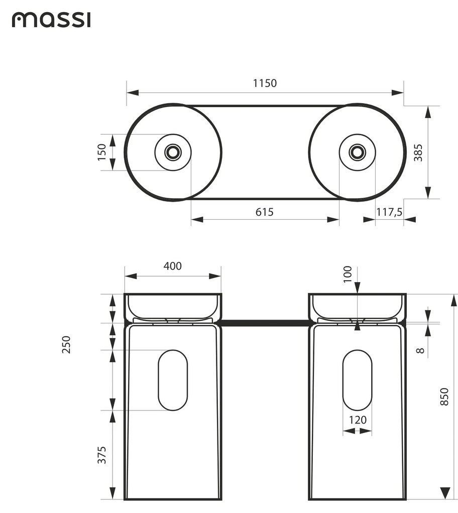 Dwie umywalki z konglomeratu wolnostojące okrągłe 85 x 40 cm RONA bez przelewu połączone półką szklaną | Różne kolory półki : Kolor szklanej półki - Czarny, Kolor umywalki RONA - Szary połysk, Podłączenie syfonu - Do ściany