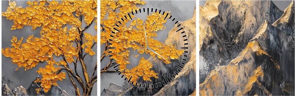 Obraz – Złote drzewo w górach (z zegarem) (90x30 cm)