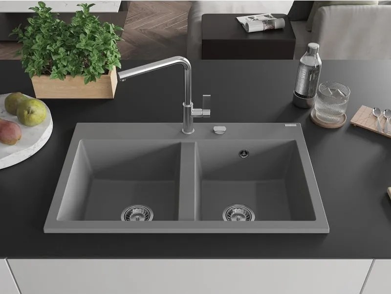 Mexen Hektor zlewozmywak granitowy 2-komorowy 800 x 480 mm, szary, syfon chrom - 6521802000-71