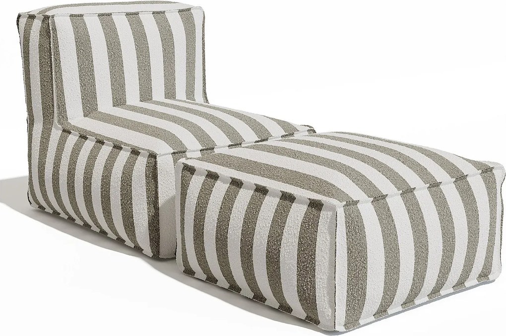 Zestaw mebli ogrodowych z tkaniny  z bukli  dla 2 osób: 1 fotel i Pufa  - Biało-beżowe pasy - NOUMARA od MYLIA
