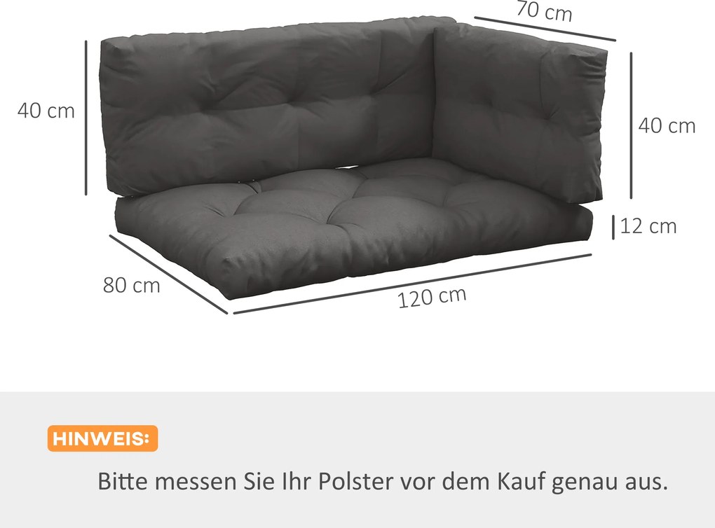 Outsunny Poduszki na palety, zestaw 3 sztuki, poduszki na ławki z ochroną UV, poduszki na meble ogrodowe, poduszki na taras, kolor ciemnoszary