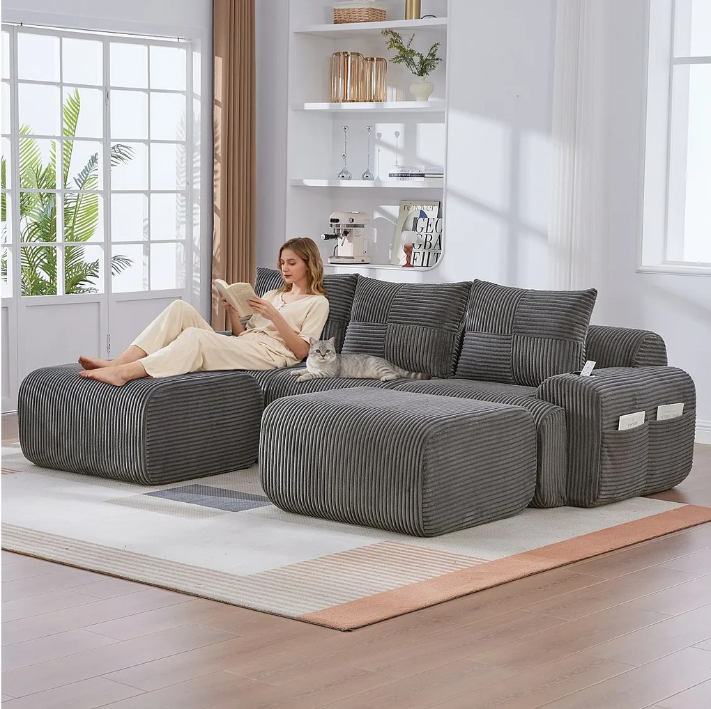 Sofa modułowa 3-osobowa - 268 x 174 x 80 cm - z 2 pufami + uchwytami na kubki + kieszenią do przechowywania - aksamit - ciemnoszary