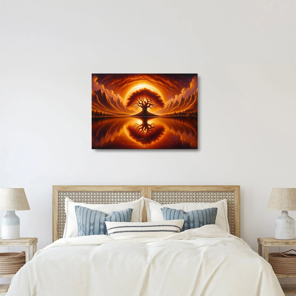 Obraz na szkle – Drzewo w krwawym słońcu (70x50 cm)