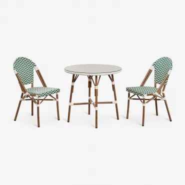 Zestaw Okrągłych Stołów Brielle Bistro (średnica 80 Cm) I Dwa Składane Aluminiowe Krzesła Ogrodowe Green - Gardenia Biel - Sklum