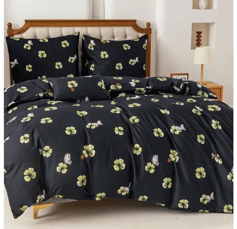 PrzytulneMieszkanie.pl PrzytulneMieszkanie.pl Pościel z mikrofibry FOUR LEAF CLOVER czarne Rozmiar pościeli: 2 szt 70 x 90 cm | 200 x 220 cm