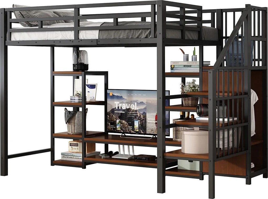 Łóżko na antresoli 90x200 cm - z gniazdkiem elektrycznym - drabina bezpieczeństwa - z miejscem do przechowywania - Czarny (materac nie jest dołączony)