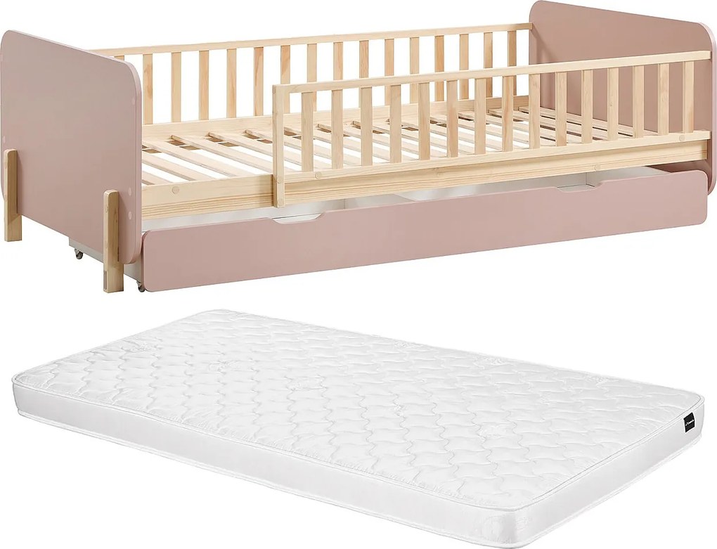 Łóżko 90 x 190 cm z szufladą - Sosna i MDF - Kolor: Naturalny i różowy + Materac - LADEMI