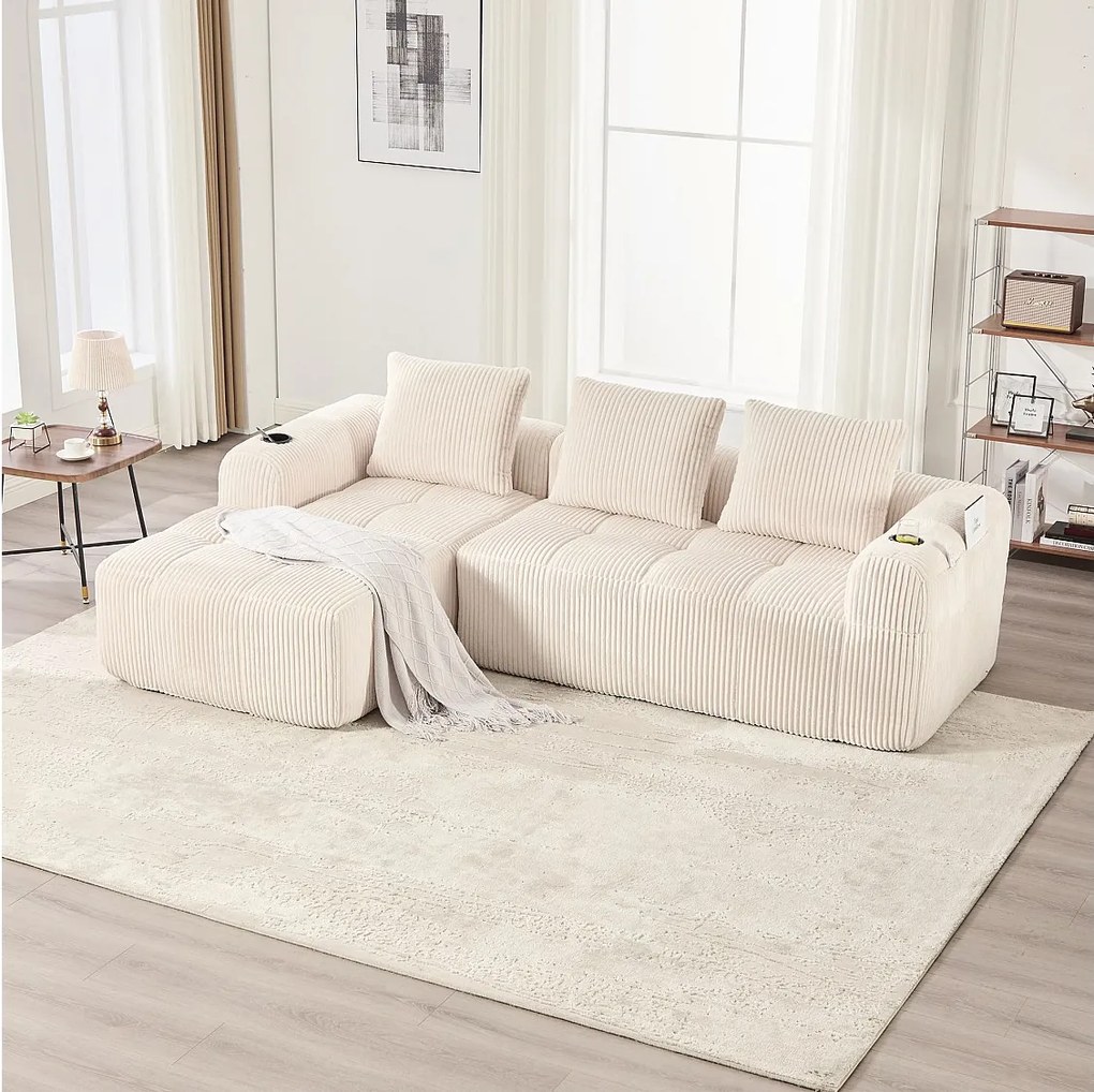 Sofa modułowa 4-osobowa - 253 x 158 x 61 cm - z kieszenią boczną + uchwyt na kubek + 3 poduszki - aksamit - beż