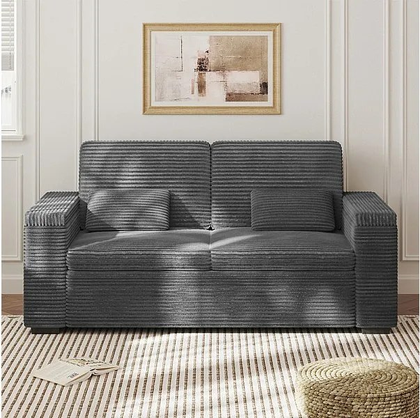 Prosta kanapa 2-osobowa w prążkowanym aksamicie Szara - z podłokietnikami z miejscem do przechowywania - 180x74x84cm