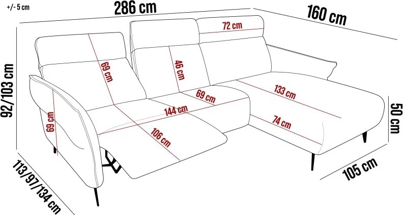 Narożnik STELVIO S układ L Lewostronny z funkcją elektrycznej regulacji głebokości siedziska i oparcia WERSAL