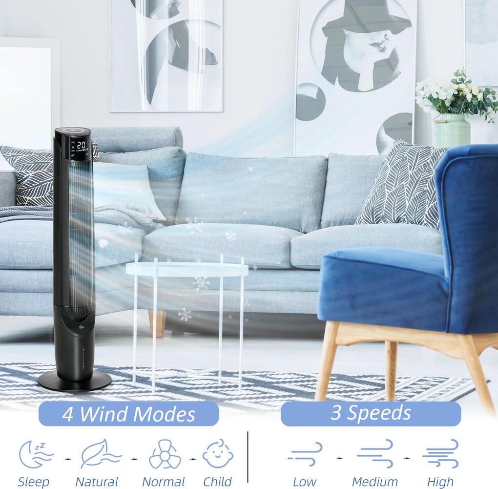 HOMCOM Klimatyzator Wieżowy z 4 Trybami, 3 Prędkościami, Timerem, Plastikowy