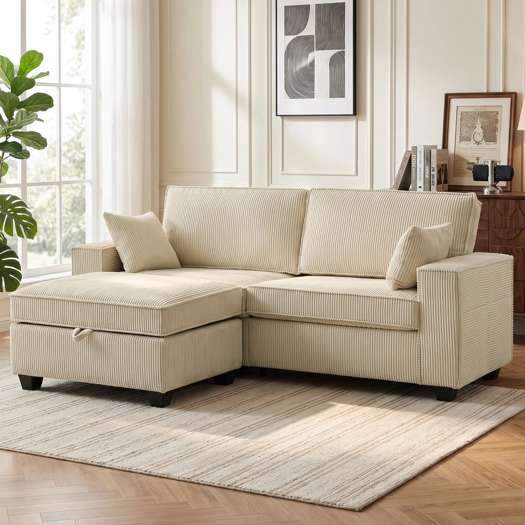 HOMCOM Narożnik z pufą z pojemnikiem, sztruks, 3-osobowy sofa w kształcie L z wypełnieniem sprężynowym, szerokie siedzisko, beżowy | Aosom PL