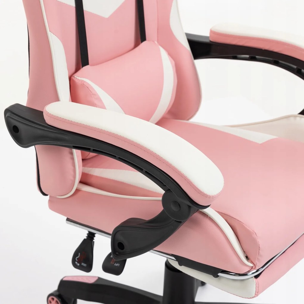 Fotel gamingowy z podnóżkiem Raxor, kolor różowo-biały