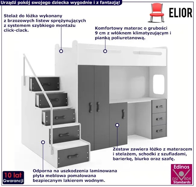 Szafa z łóżkiem i biurkiem pod spodem dla dzieci Mirida - Biało grafitowa