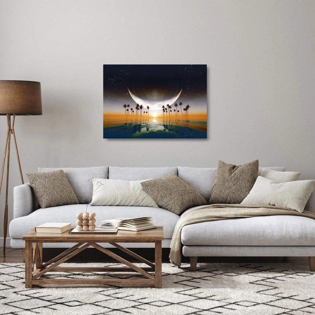 Obraz na szkle - Księżyc nad palmami (70x50 cm)