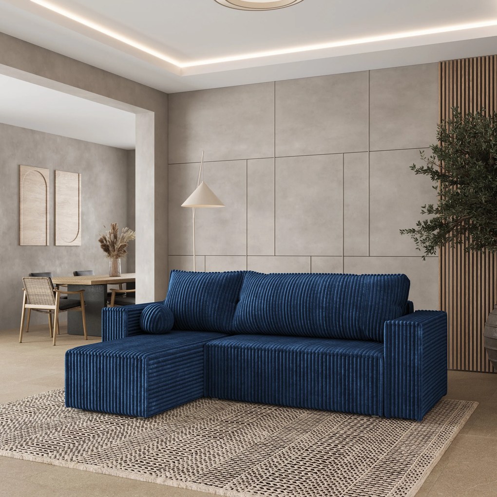 Masseno Narożnik RAVELO z funkcją spania i pojemnikiem na pościel Narozniki L, Rozkładana sofa - Niebieski, TILIA 77