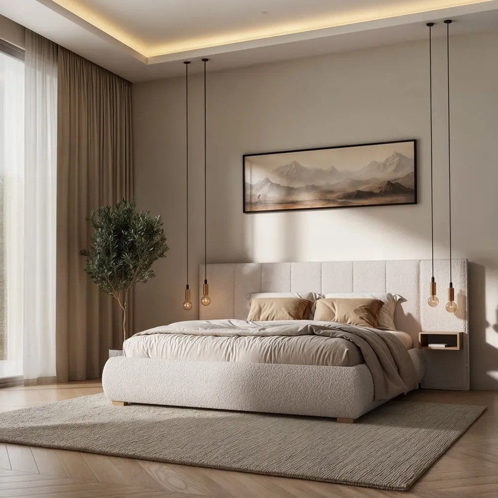Kremowe tapicerowane łóżko dwuosobowe ze stelażem 140x200 cm Fioro – MESONICA