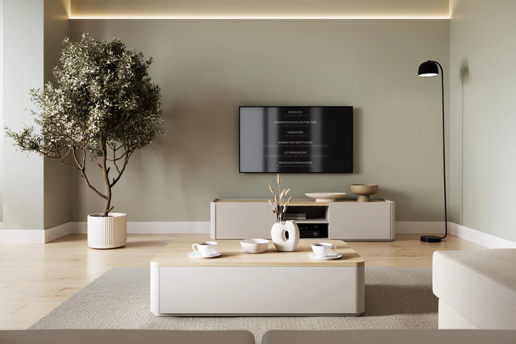 Stolik kawowy Amilio 100 cm z szufladami - kaszmir / dąb olejowany