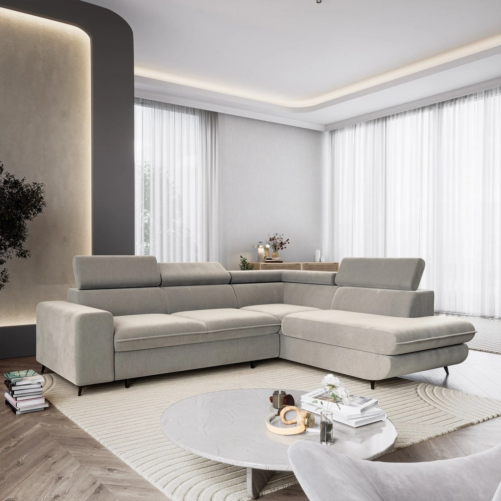 Masseno Narożnik VELISS z funkcją spania i pojemnikiem na pościel Narozniki L, Rozkładana sofa - Jasnoszary, CASTEL 80